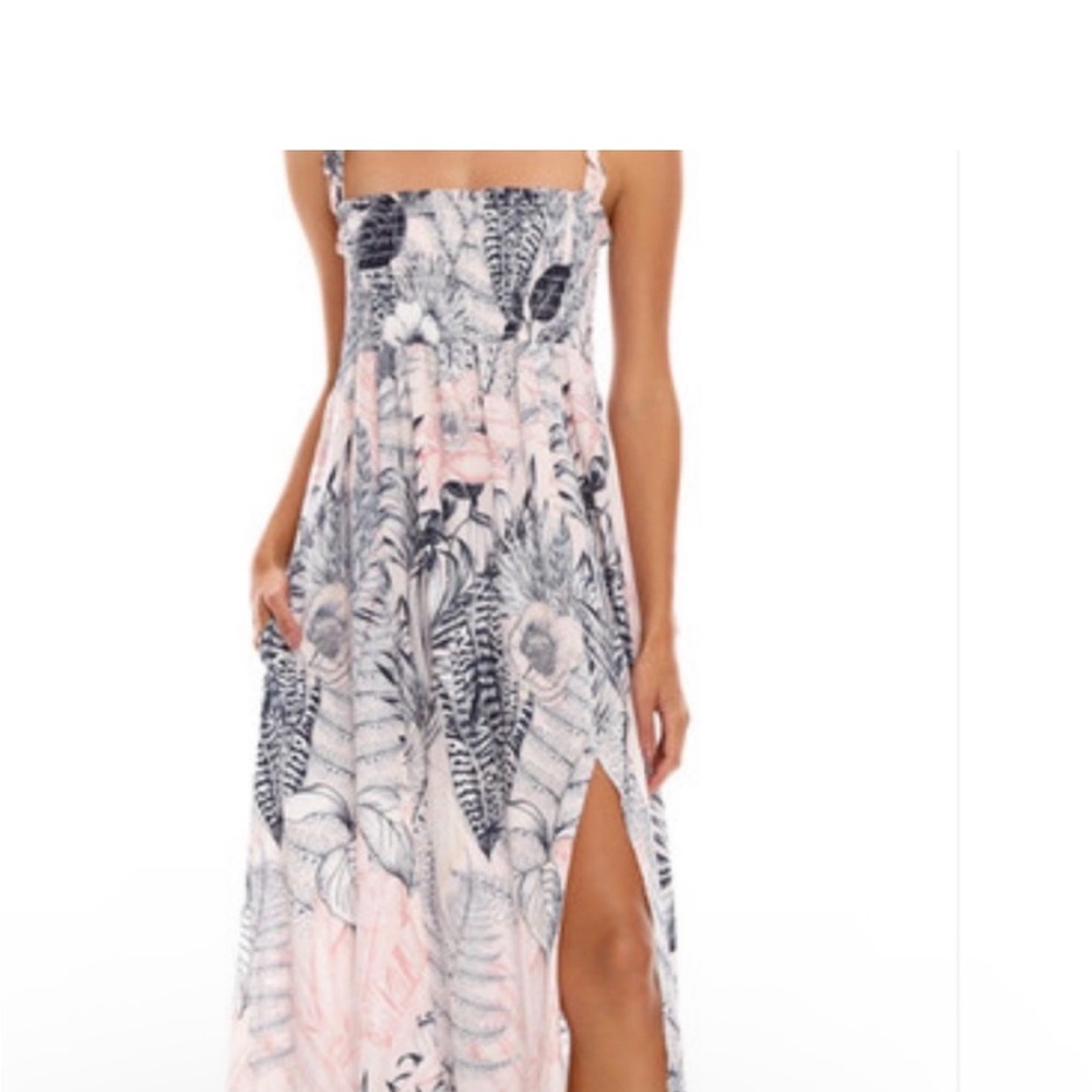 Agua Bendita Pink and Black Tropical Smocked Maxi Dress
